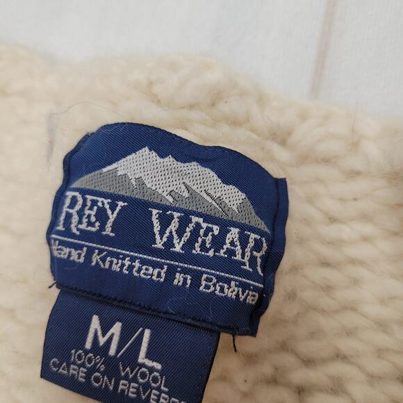 Vintage Rey Wear Wool hand knit Bolivia chunky heavy cream cardigan sweater - Picture 6 of 8